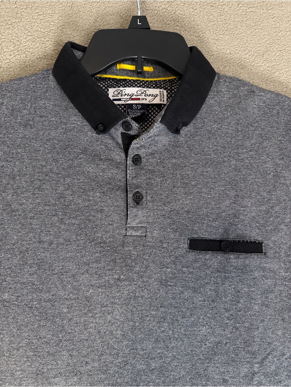 Ping Pong Men's Solid Gray Black Polo Shirt S/P Short Sleeve Button-Down Pocket